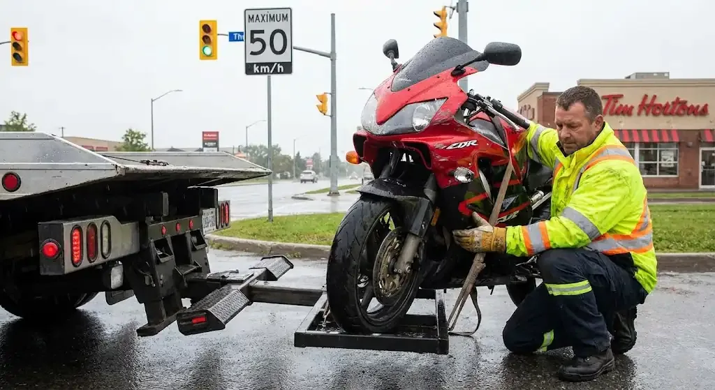 st. Louis motorcycle being safely loaded for transport