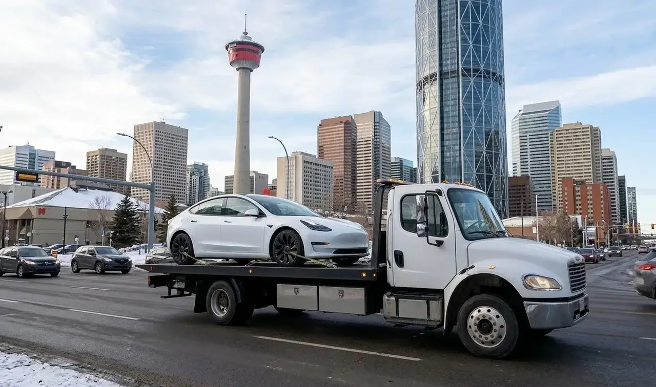 st. Louis electric vehicle on flatbed transport